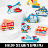 Joc din Lemn cu Litere, Numere si Vehicule Micul Explorator